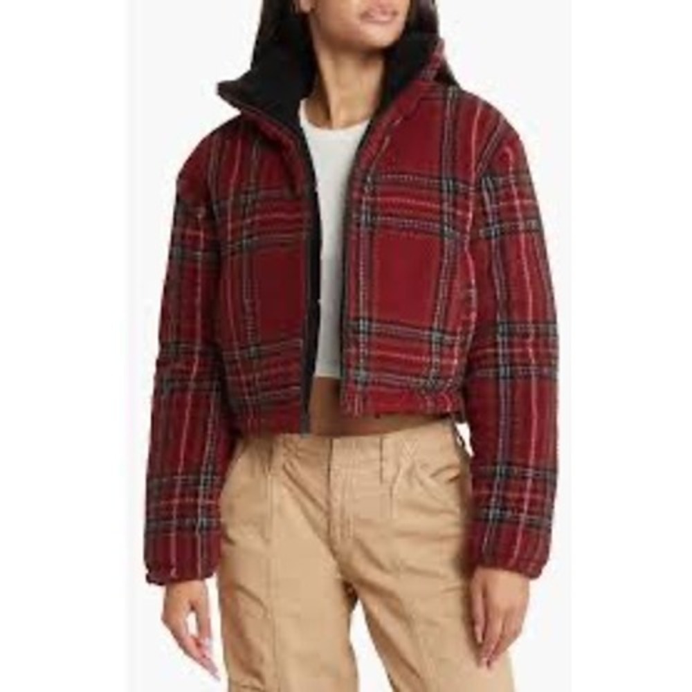 Nordstrom BP Reversible Faux Fur Puffer Jacket‎ Red Plaid Tartan Black MSRP $75